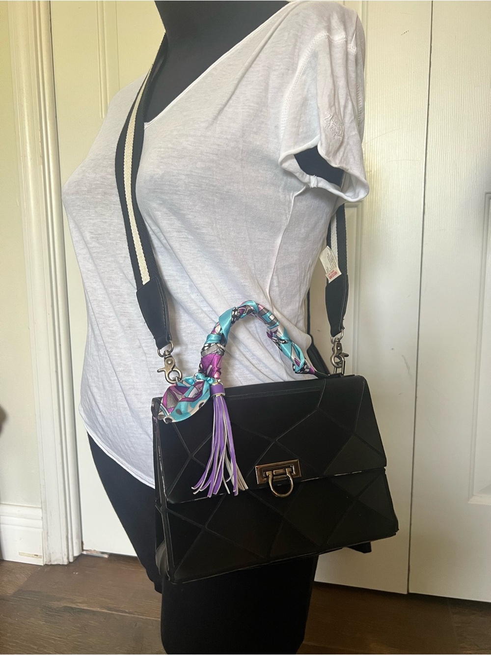 Emilio Pepe Italy Black Geometric Crossbody Handbag